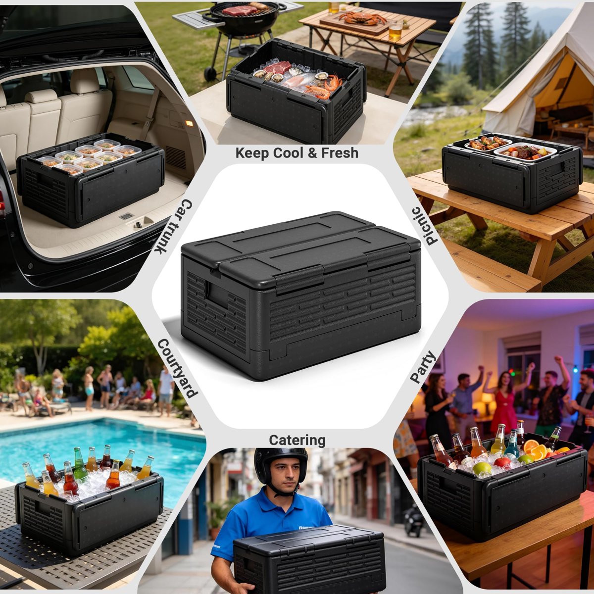 EffiQ-Rate 42QT EPP Insulated Catering Hot Box, Top Load Collapsible Food Pan Carrier with 2 Reusable Ice Packs, Holds Full & Half-Size 8″ Deep Pans, Portable with Handles, for Outdoor, BBQ, Buffet