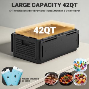 EffiQ-Rate 42QT EPP Insulated Catering Hot Box, Top Load Collapsible Food Pan Carrier with 2 Reusable Ice Packs, Holds Full & Half-Size 8″ Deep Pans, Portable with Handles, for Outdoor, BBQ, Buffet