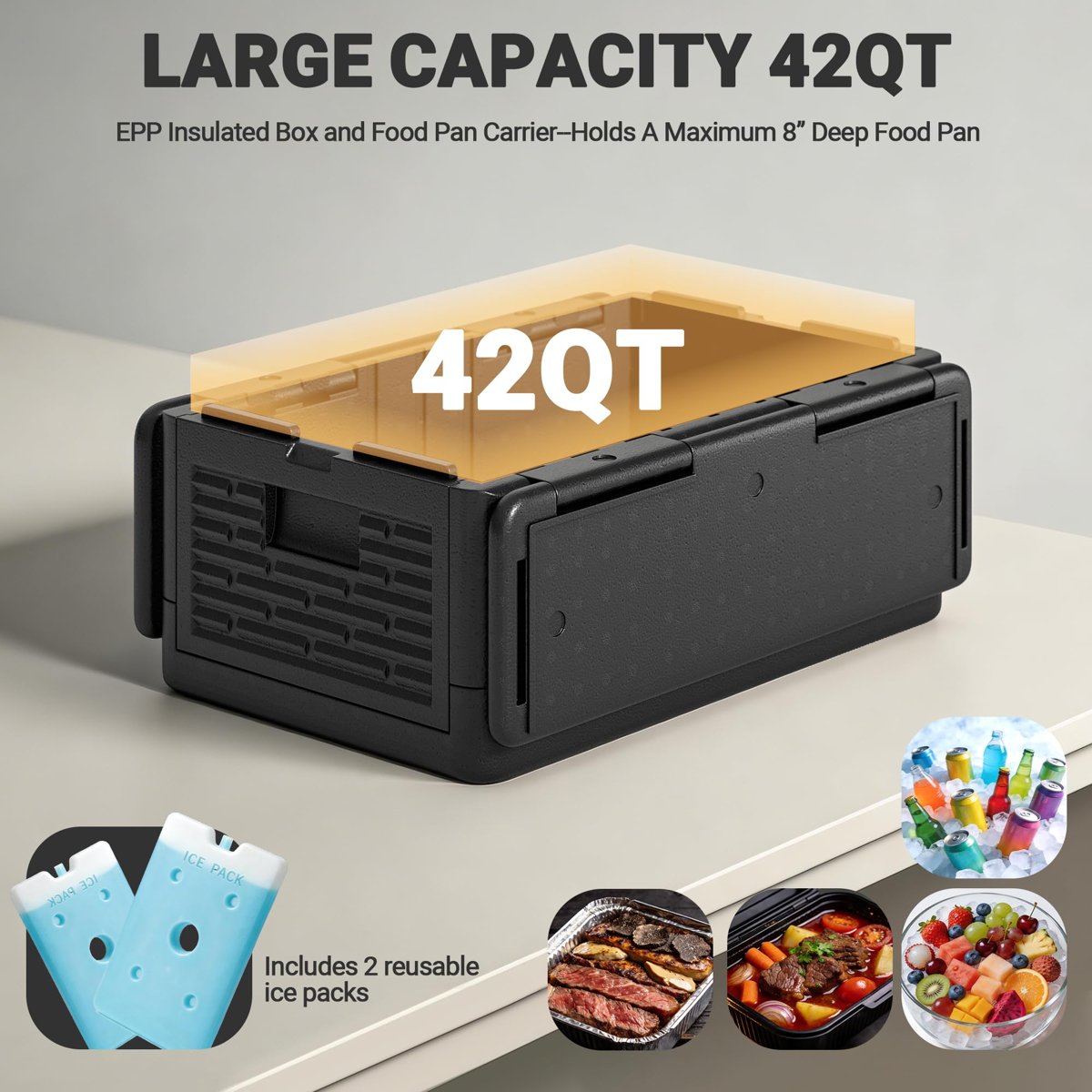 EffiQ-Rate 42QT EPP Insulated Catering Hot Box, Top Load Collapsible Food Pan Carrier with 2 Reusable Ice Packs, Holds Full & Half-Size 8″ Deep Pans, Portable with Handles, for Outdoor, BBQ, Buffet - Image 16