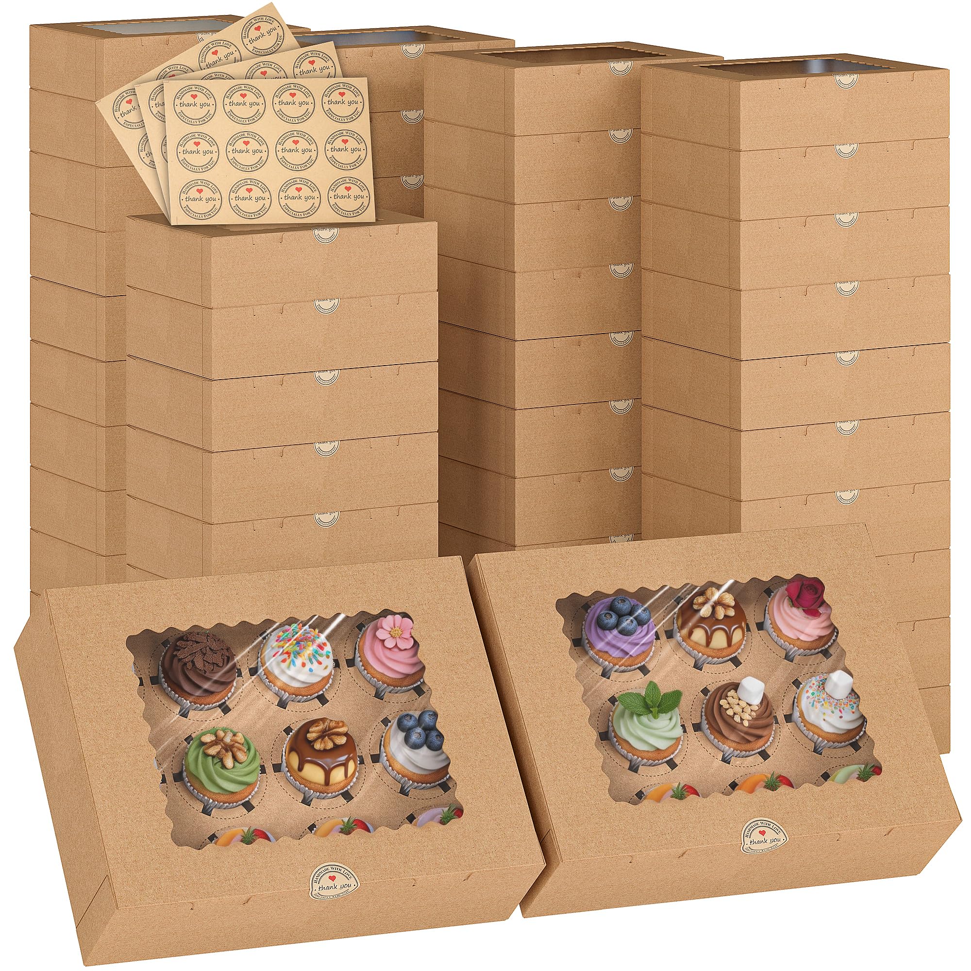 EffiQ-Rate 50 PCS Cupcake Boxes, 12-Count Cupcake Containers with Window, Brown Cupcake Carrier with Inserts and 50 Stickers, 12.8x9.84x3.54 Inch Pastry Boxes for Dessert, Party, Birthday, Holiday - Image 33