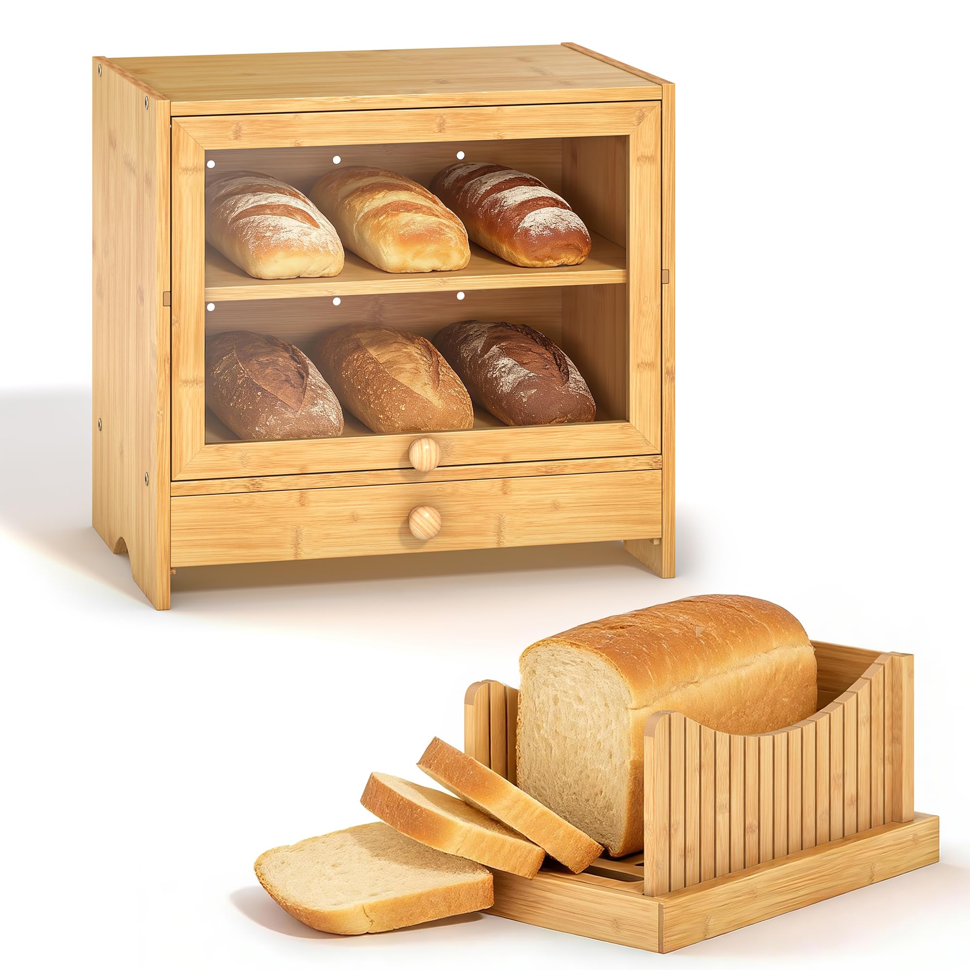 EffiQ-Rate Corner Bread Box for Kitchen Countertop, Large Bamboo Breadbox with Slicer for Homemade Bread, 2 Layer Bread Storage Container Bin Cabinet with Acrylic Window for Kitchen Counter Pantry Shelf - Image 33