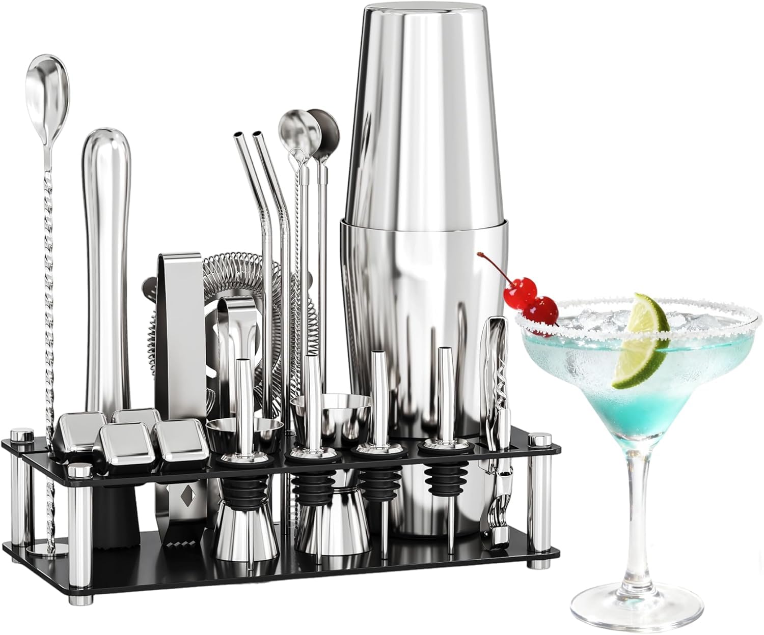 EffiQ-Rate 24 Piece Professional Boston Shaker for Cocktails, Stainless Steel Bar Kits for Bartender with Acrylic Stand, All Essential Bar Tools for Home, Party, Mixing Drinks, Silver - Image 21