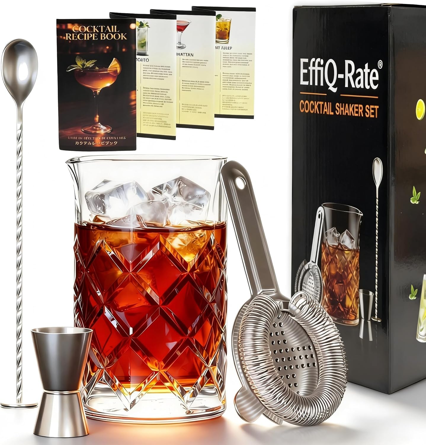 EffiQ-Rate Professional 24 Oz Cocktail Mixing Glass Set - Thick Bottom Crystal Clear Bar Tools with Strainer, Jigger (15/30ml), Spoon & Recipe Guide - Image 18
