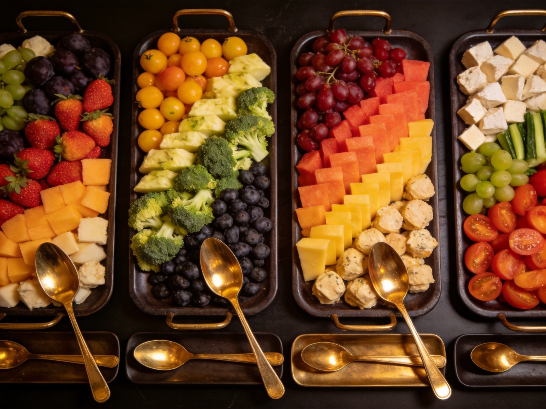 Color-coordinated buffet food presentation with vibrant fruits and vegetables