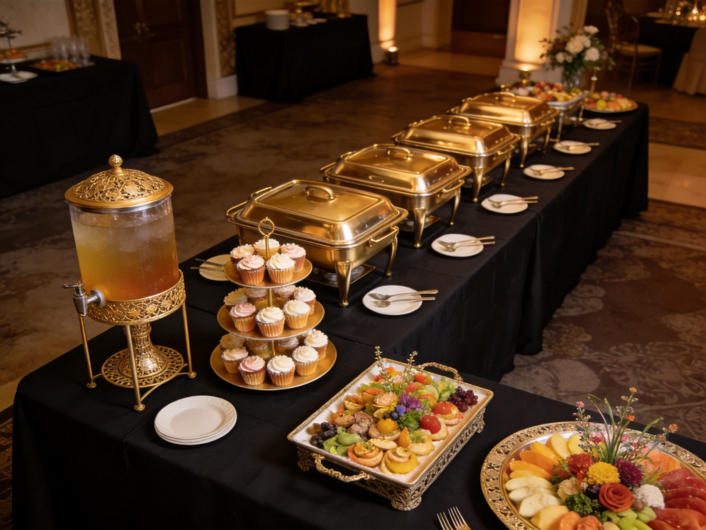 Elegant buffet table setup with gold chafing dishes, tiered dessert stands and beverage dispenser