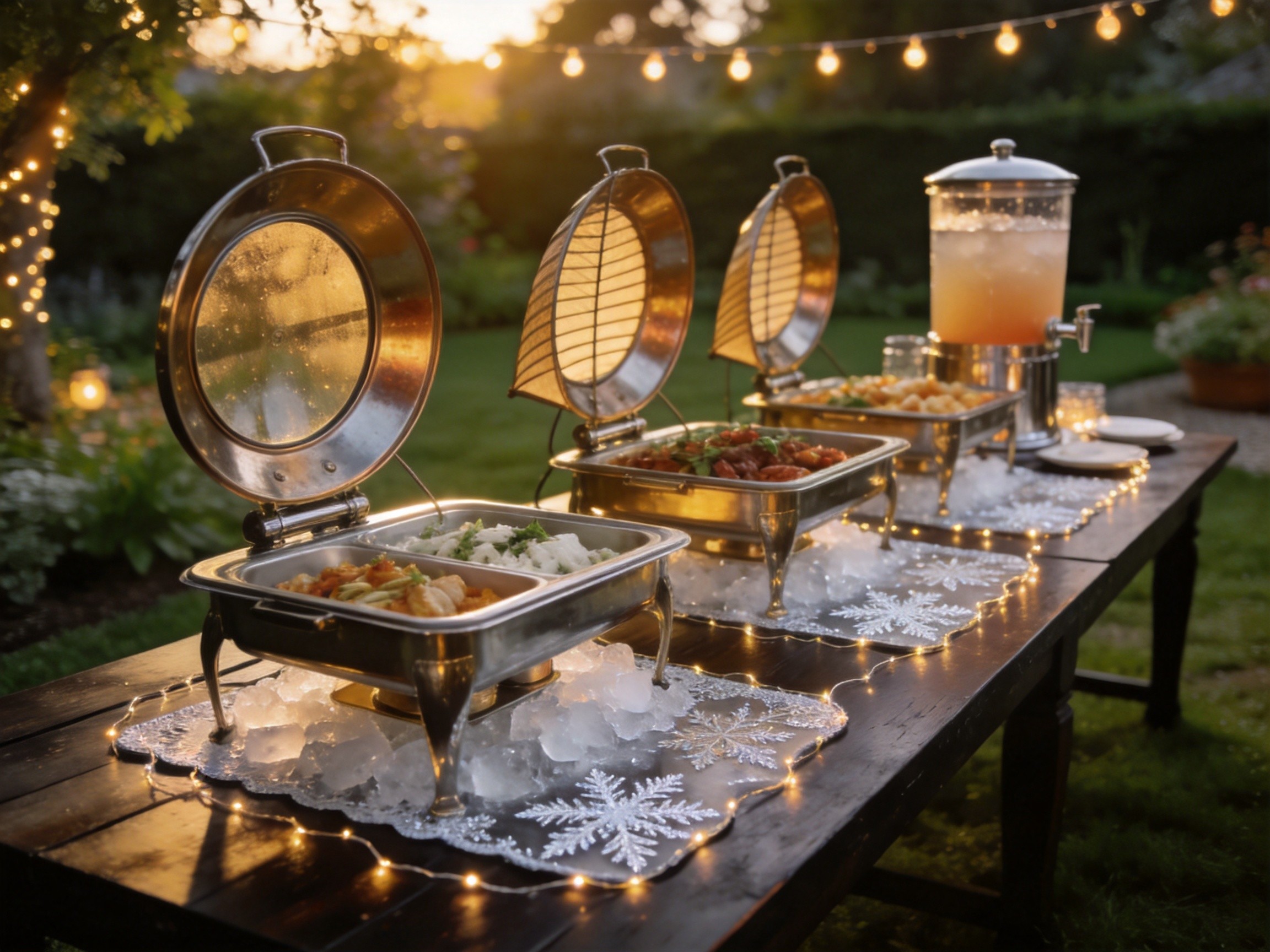 Outdoor garden party buffet with wind guards on chafing dishes