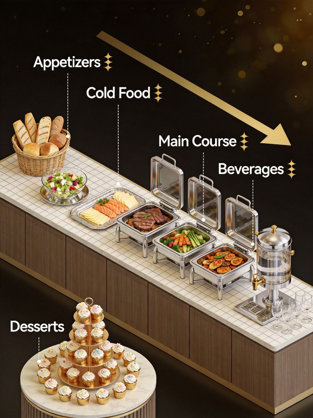 Buffet table layout diagram showing five stations with guest flow arrows