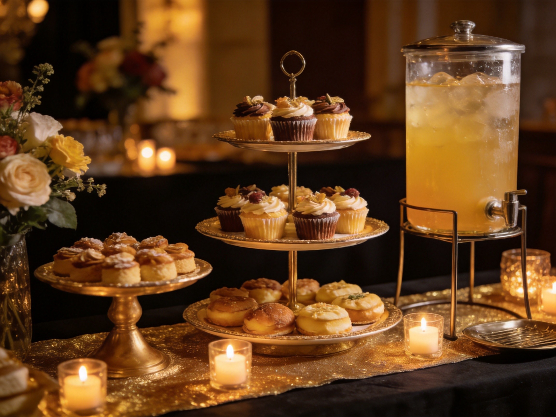 Tiered dessert display with cupcake stands and beverage dispenser