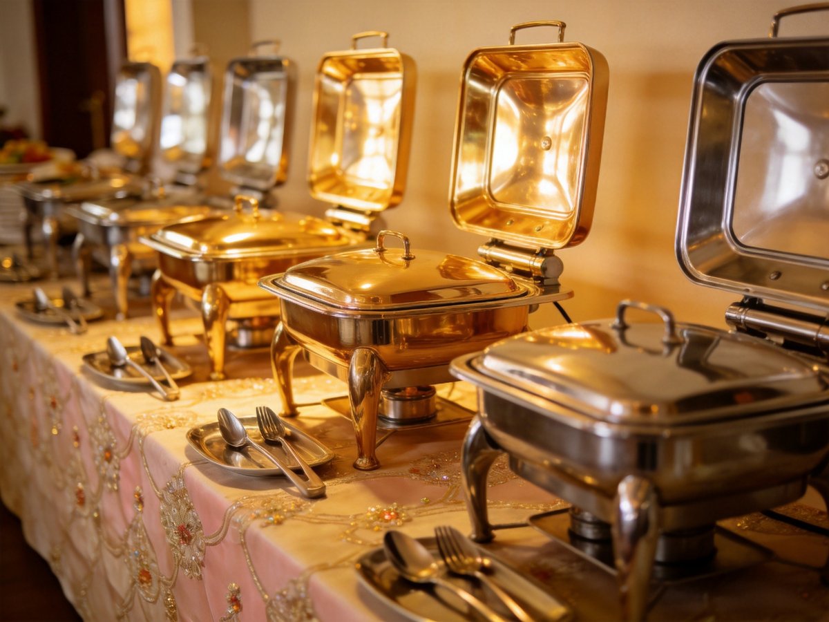 Elegant buffet setup with gold and stainless steel chafing dishes and serving utensils