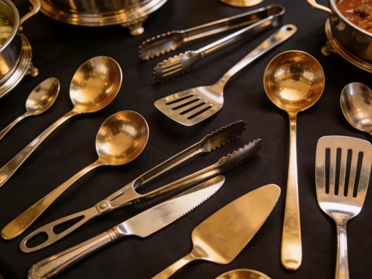 Professional serving utensils on elegant buffet table