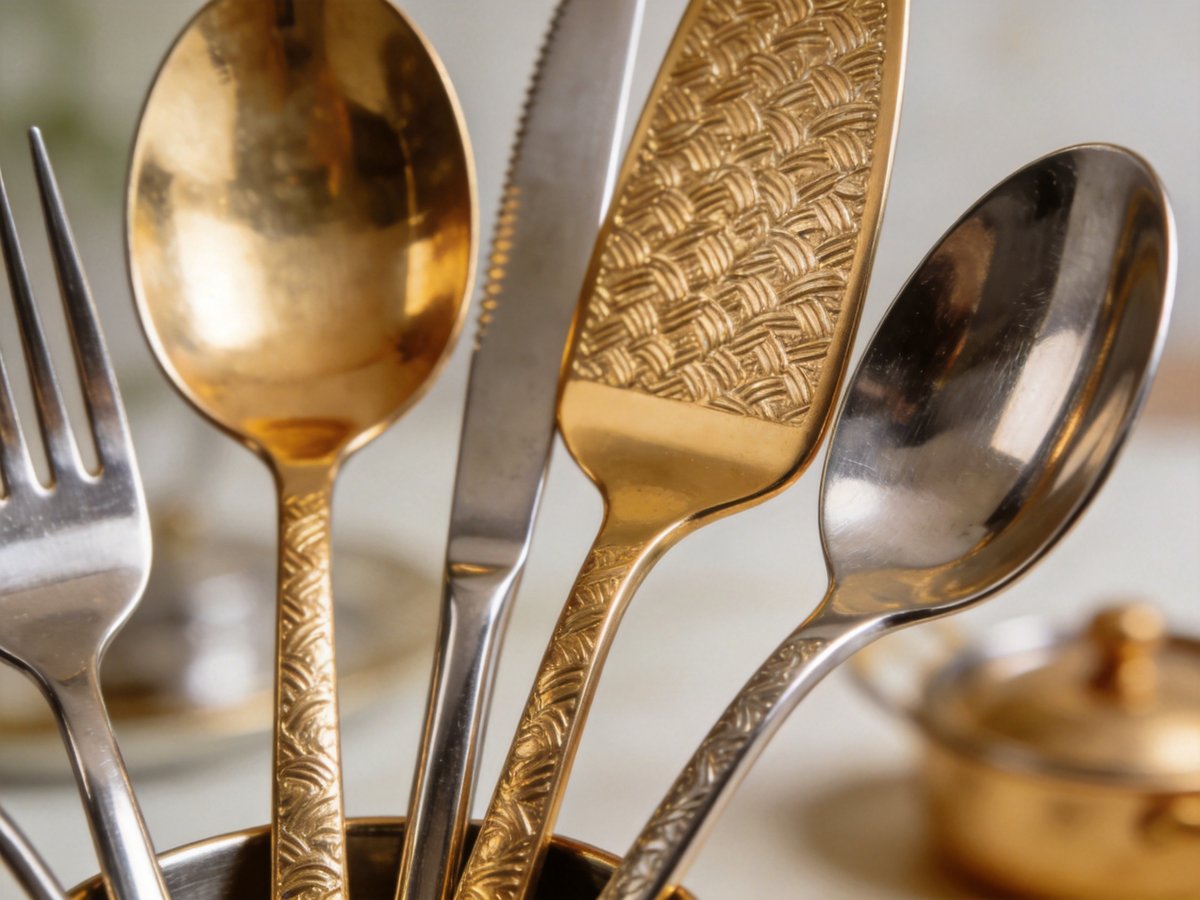 Close-up of gold-plated and stainless steel serving utensils showing material quality