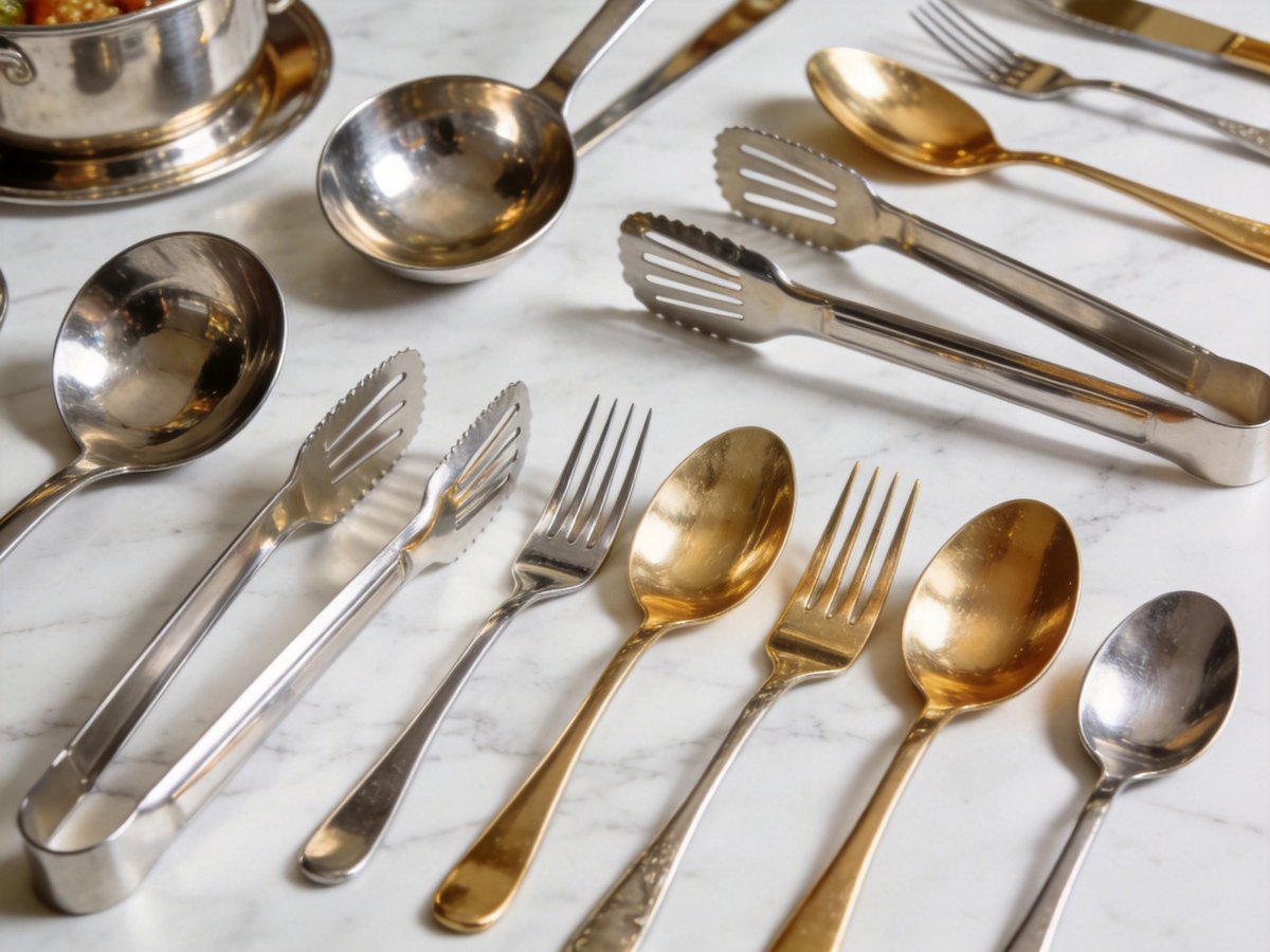 Professional serving utensils including ladles, tongs, forks and spoons on elegant display