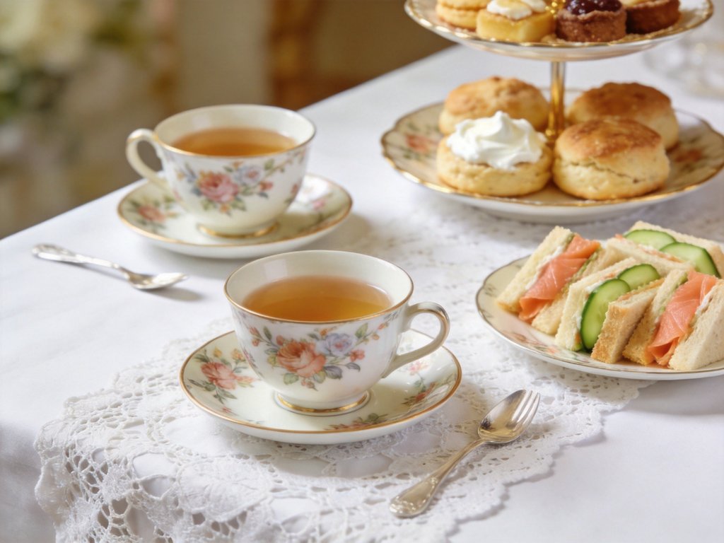 Beautifully set afternoon tea table with white tablecloth and elegant decorations