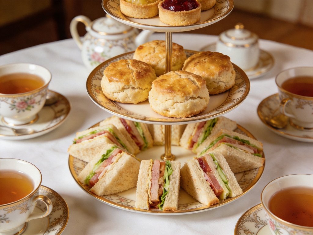 Three-tiered afternoon tea stand with scones, sandwiches and pastries properly arranged