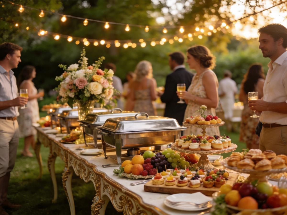 Outdoor party hosting with elegant buffet setup and chafing dishes