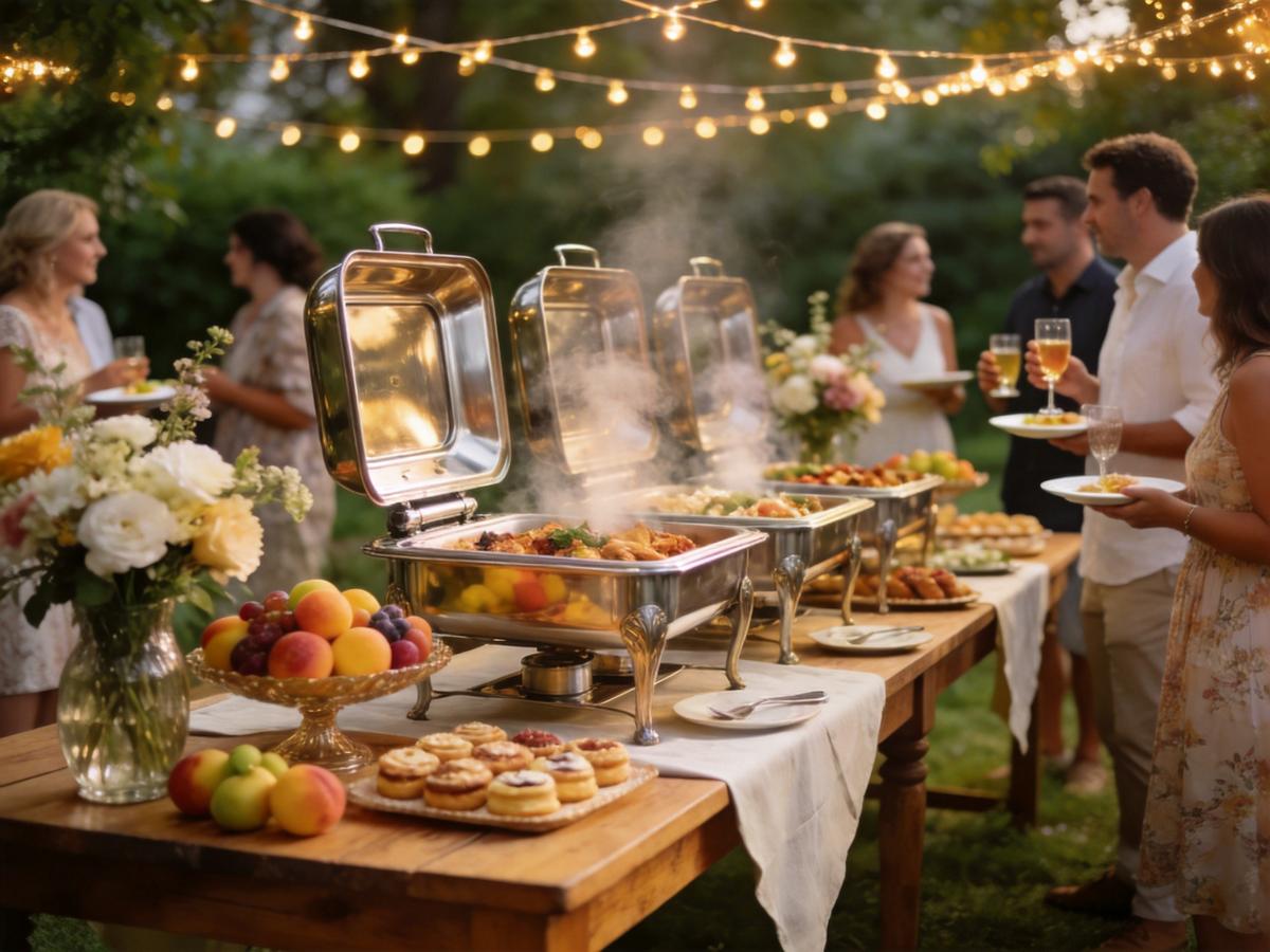Chafing dish with wind guard protecting flame and food