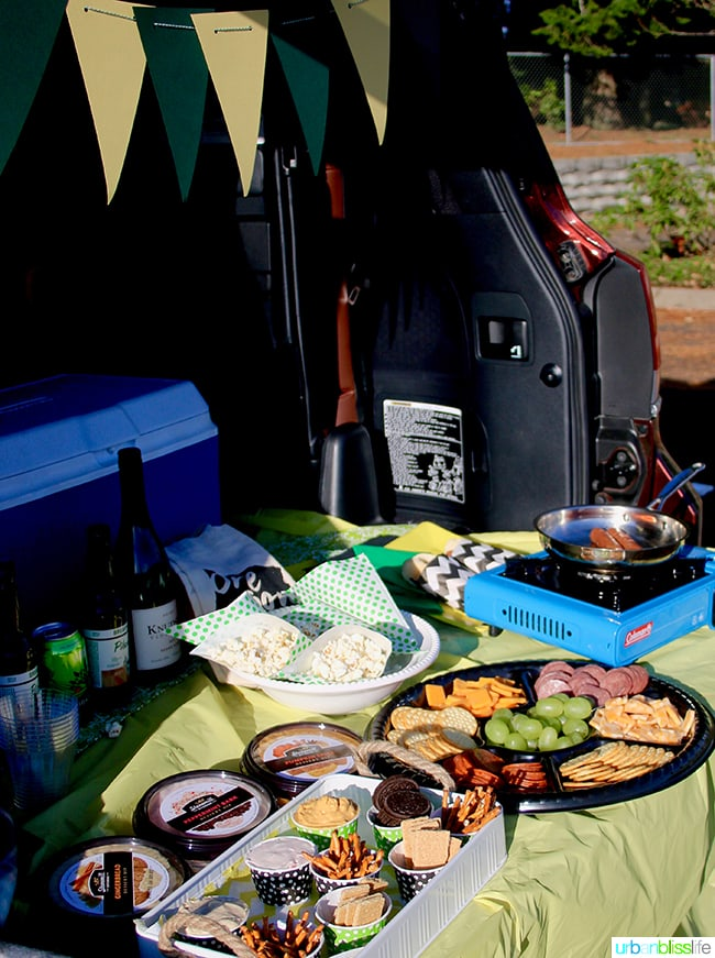 Tailgate party catering setup with chafing dishes